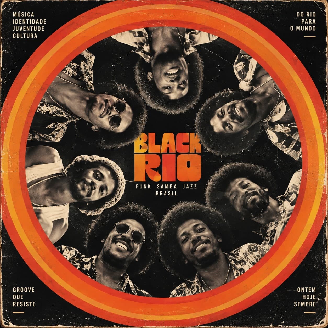 Capa retrô Black Rio: oito músicos em círculo vistos de cima, anéis laranja ao redor