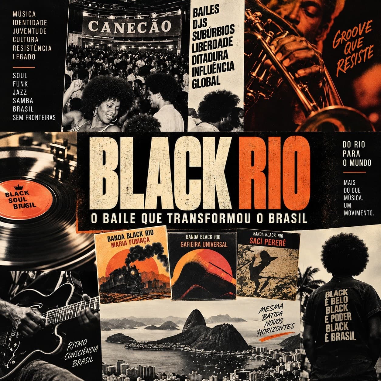Pôster Black Rio, o baile que transformou o Brasil: colagem de bailes, Canecão, metais e capas de disco