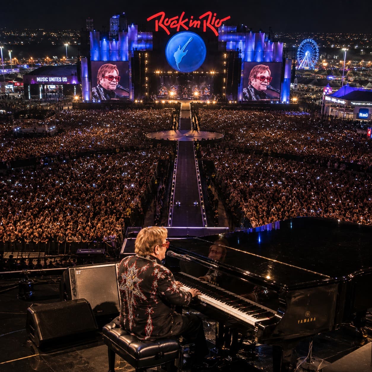 Vista do palco do Rock in Rio por trás do piano de Elton John, com a multidão ocupando toda a Cidade do Rock