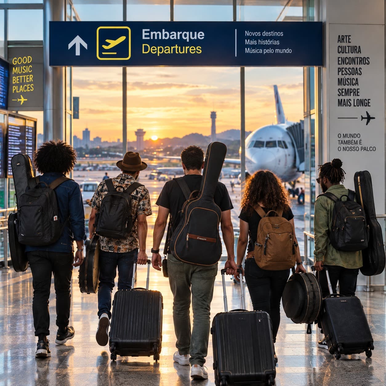 Grupo de músicos com instrumentos e malas segue para o embarque em um aeroporto