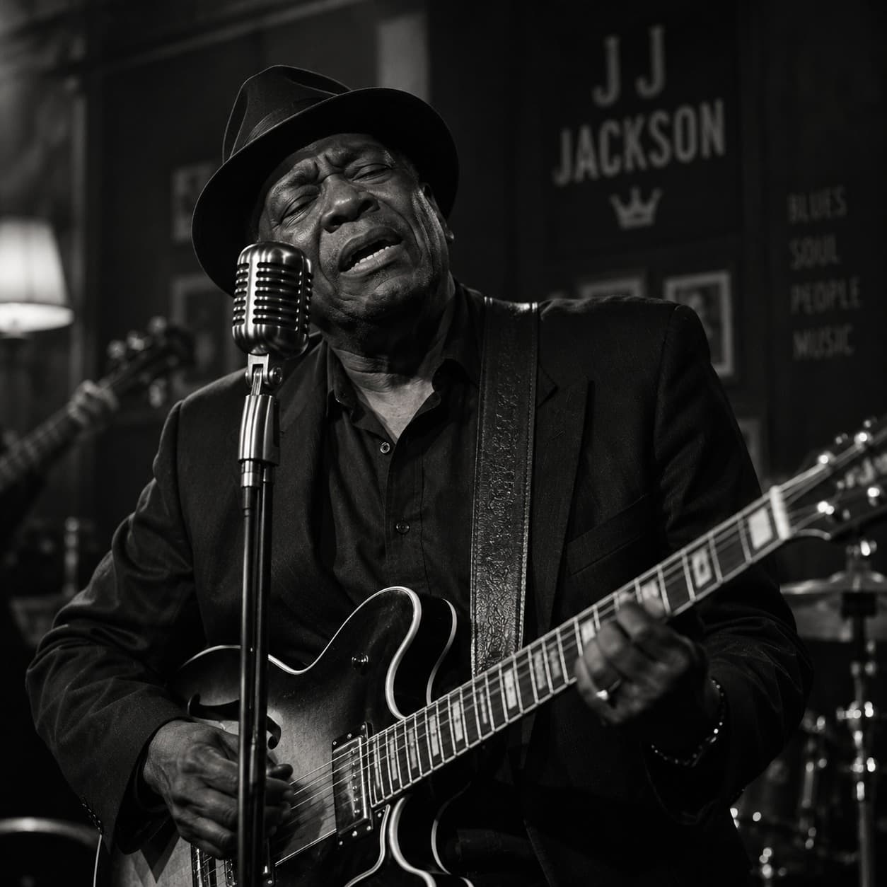 Músico de blues canta e toca guitarra em palco intimista