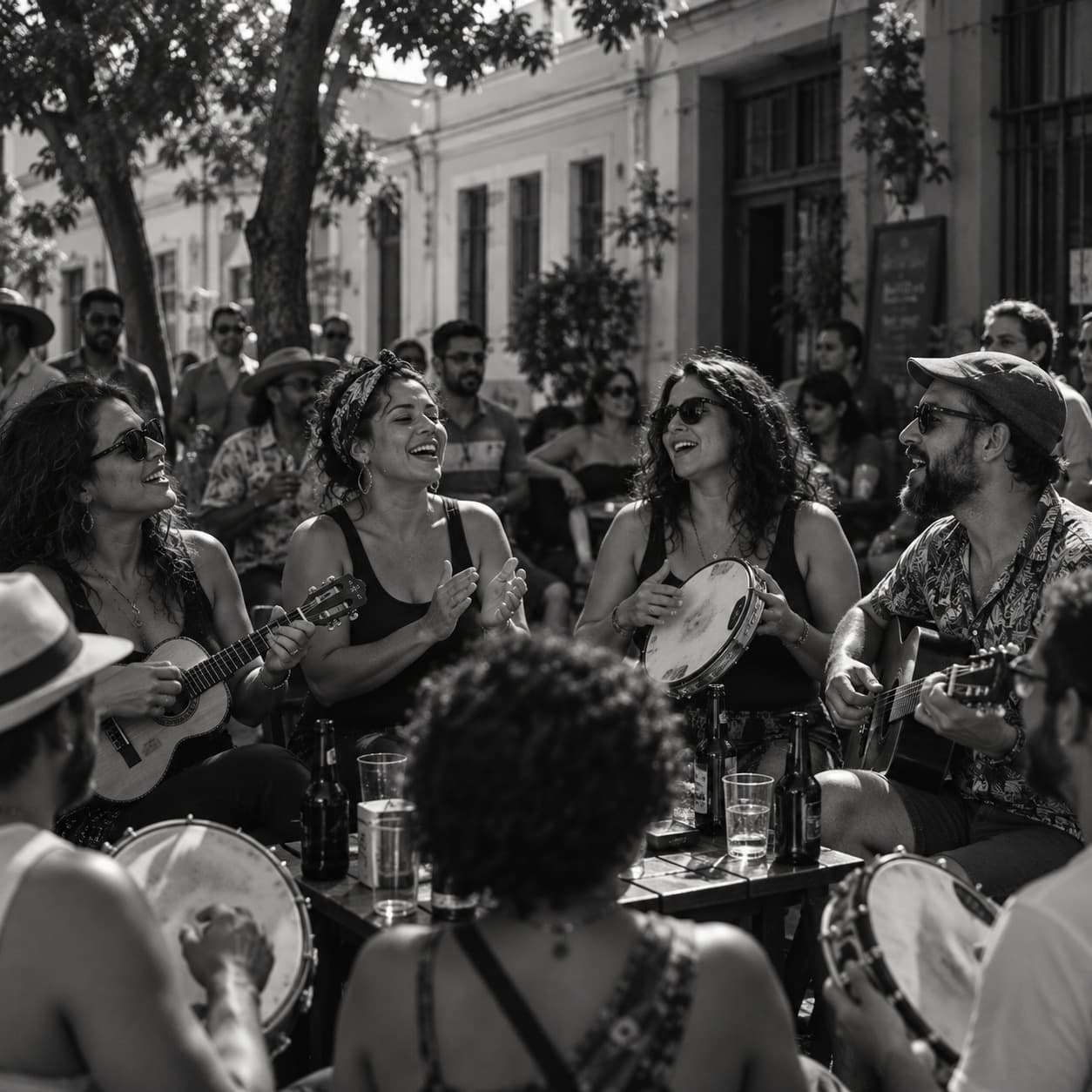 Roda de samba ao ar livre, com músicos e público reunidos na rua