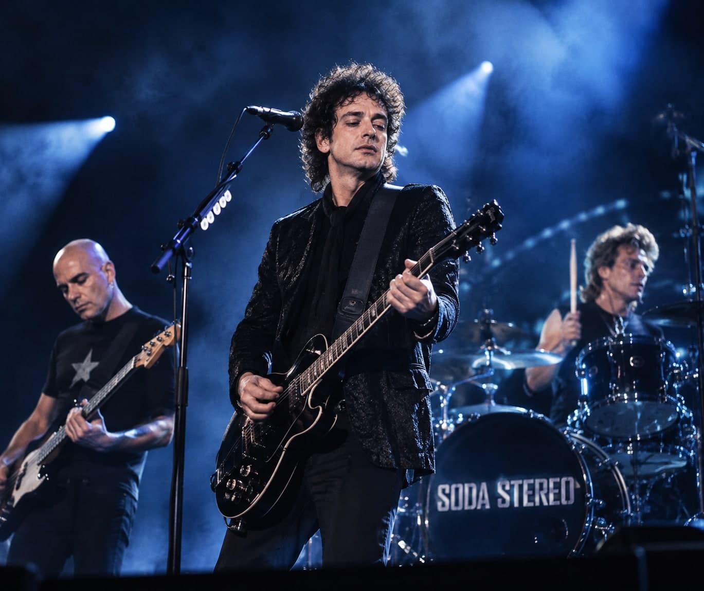 Soda Stereo ao vivo, os três em cena com a bateria ao fundo, luz azul